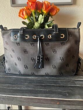 Dooney & Bourke Black and Brown Logo Shoulder Bag with Tassel